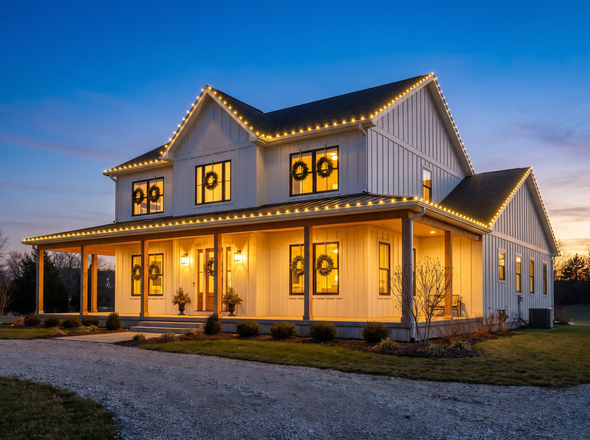 Modern farmhouse with warm white roofline lighting