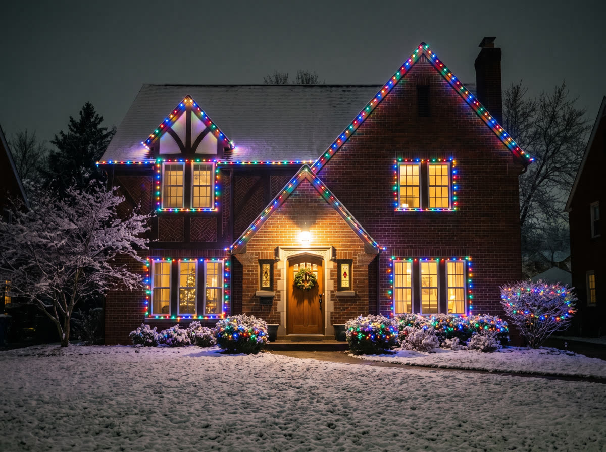 Brick Tudor home with multicolor holiday lighting