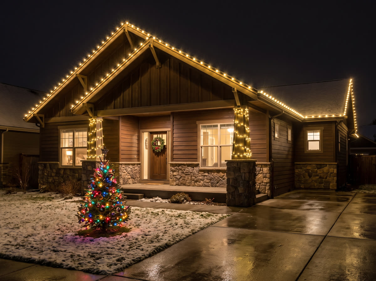 Craftsman bungalow with warm string lighting