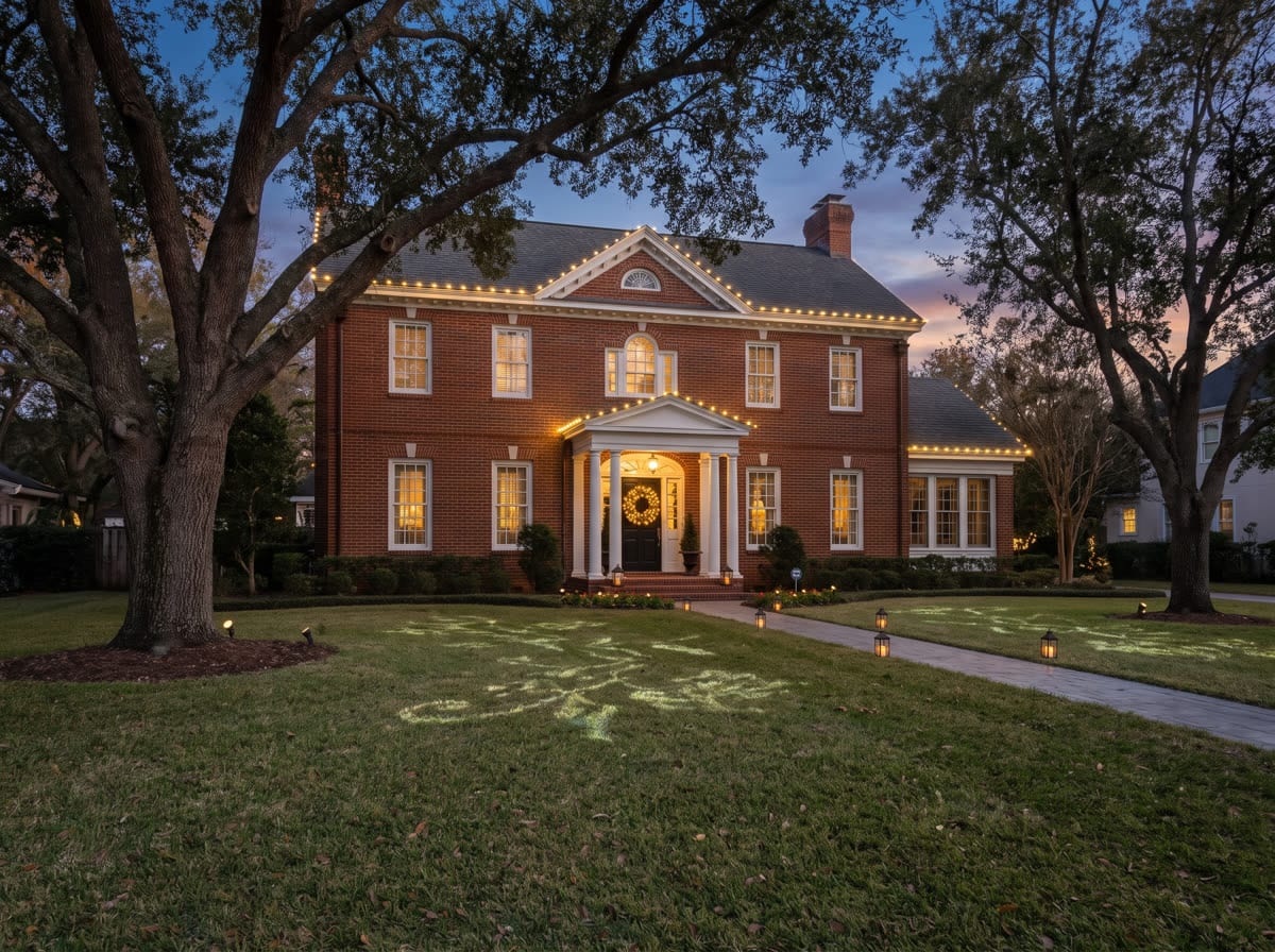Red brick colonial with elegant roofline lighting