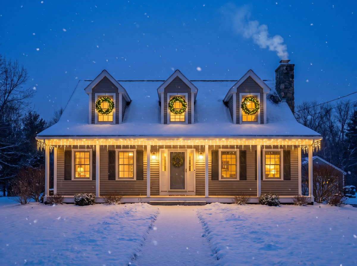 Cape Cod cottage with icicle lighting
