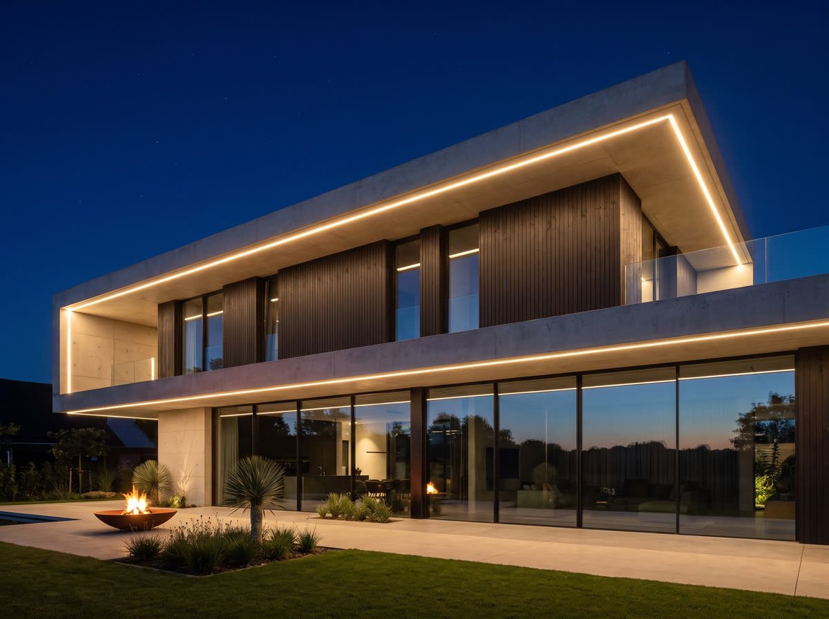 Contemporary home with minimalist roofline lighting